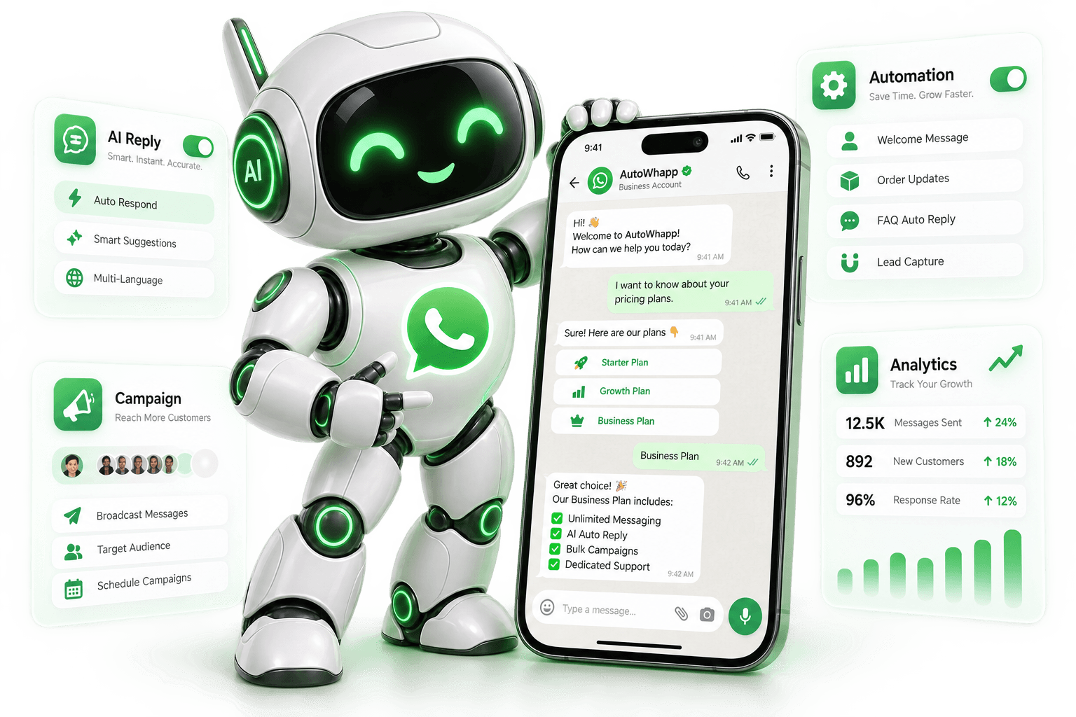 AutoWhapp 3D AI Robot and WhatsApp Automation Mobile Interface